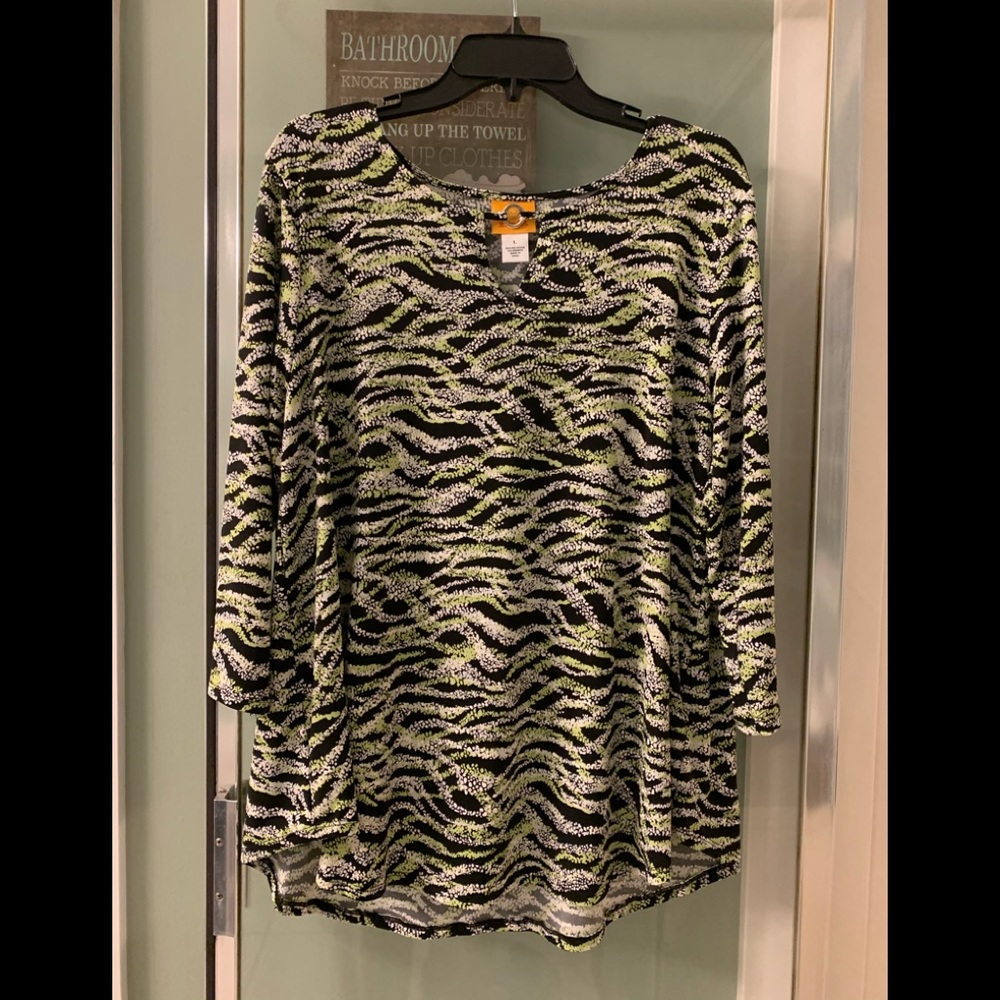 Ruby Rd. Slinky Tunic Top Polyester Spandex Long Sleeve Black White Green Size L